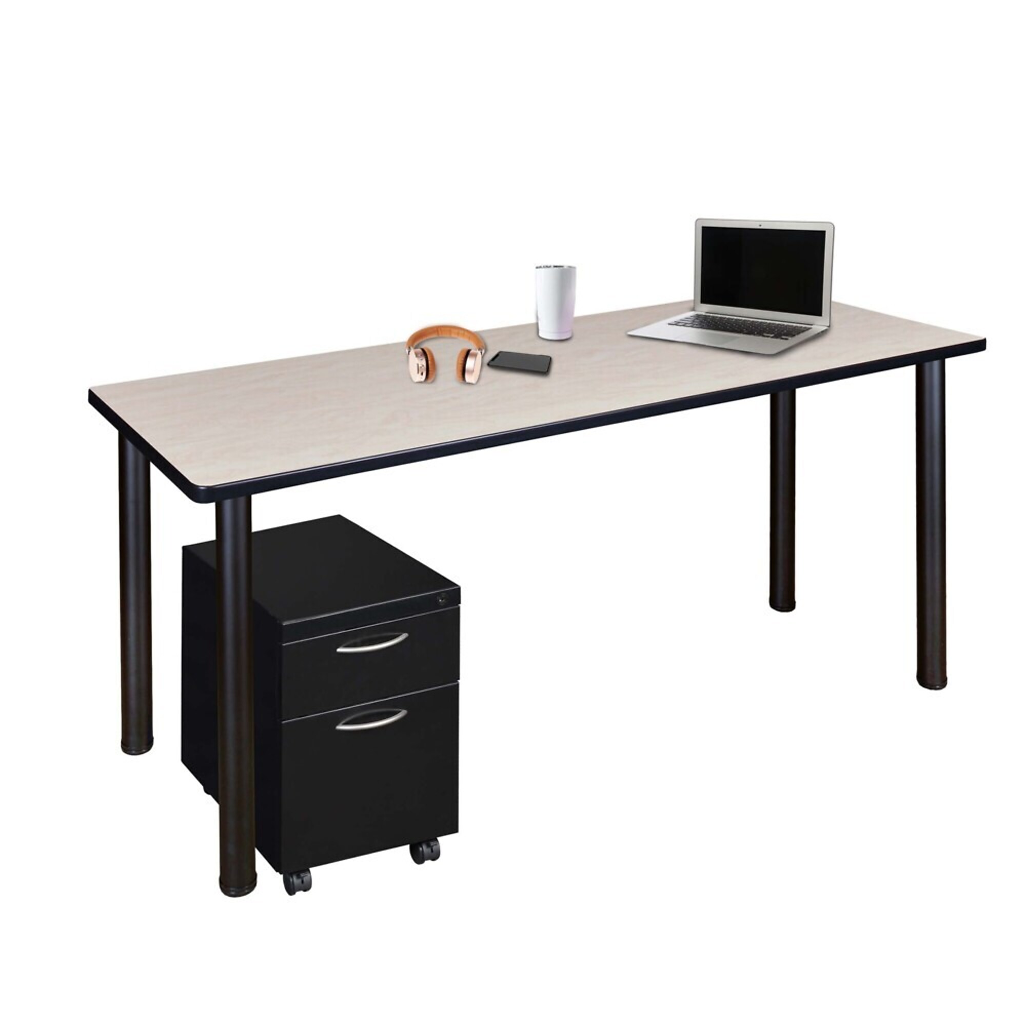 Regency Kee Mobile Desk with Storage — 60in. x 24in., Maple Top, Black Legs, Locking Casters, Model# MDCLMP6024PLBK